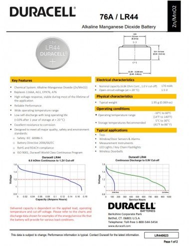 Duracell LR44 (A76) baterijos 1.5V 2 vnt. | baterija.lt