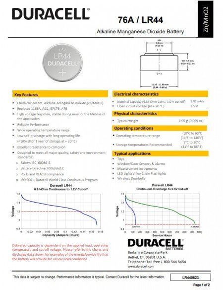 Duracell LR44 (A76) baterijos 1.5V 2 vnt. | baterija.lt