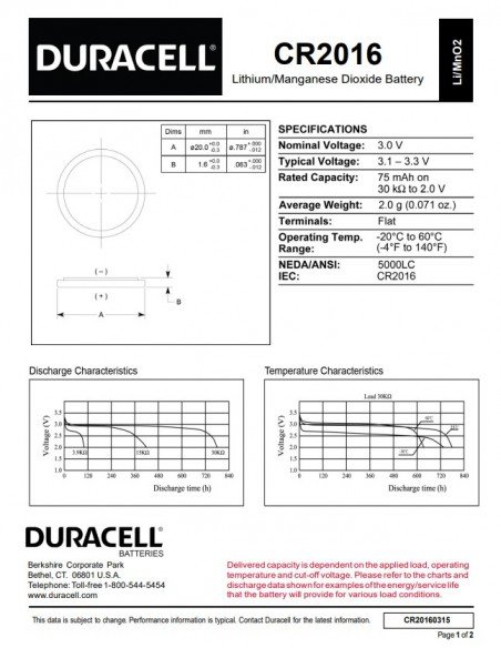 Duracell CR2016 3V Lithium Battery (2 Pack) | baterija.lt