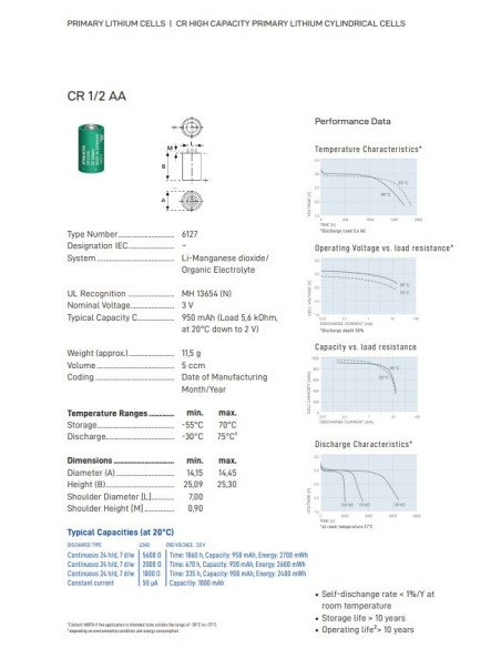 Varta lithium battery CR1/2AA with JST | baterija.lt
