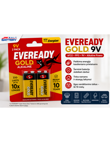 Eveready Gold 6F22 9V šarminė baterija | baterija.lt