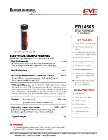 ER14505 3.6V Li-SOCl2 (AA) su jae jungtimi | baterija.lt