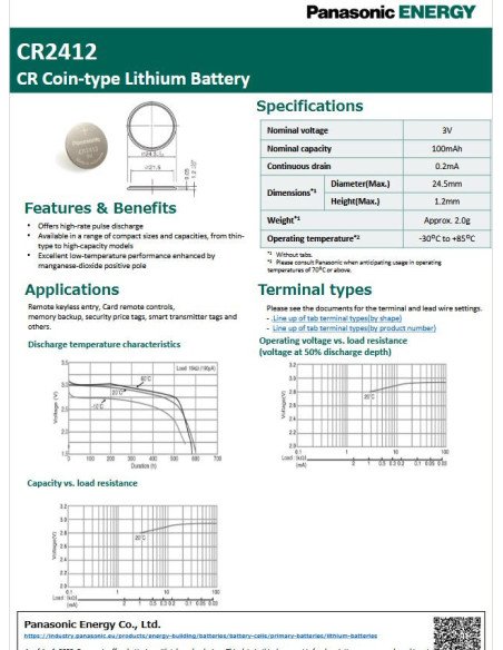 Panasonic CR2412 3V Lithium Battery | baterija.lt