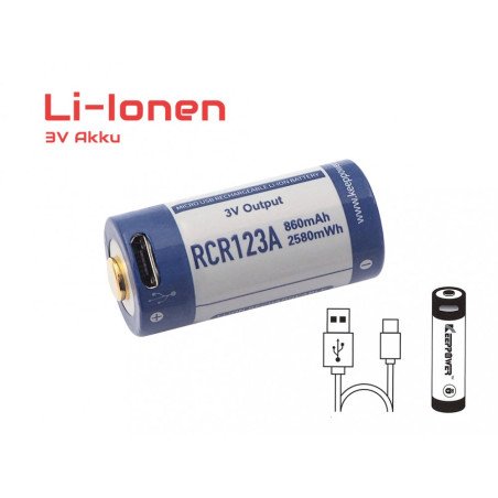 Keppower P1634U1 RCR123A  USB 860mah 3V | baterija.lt